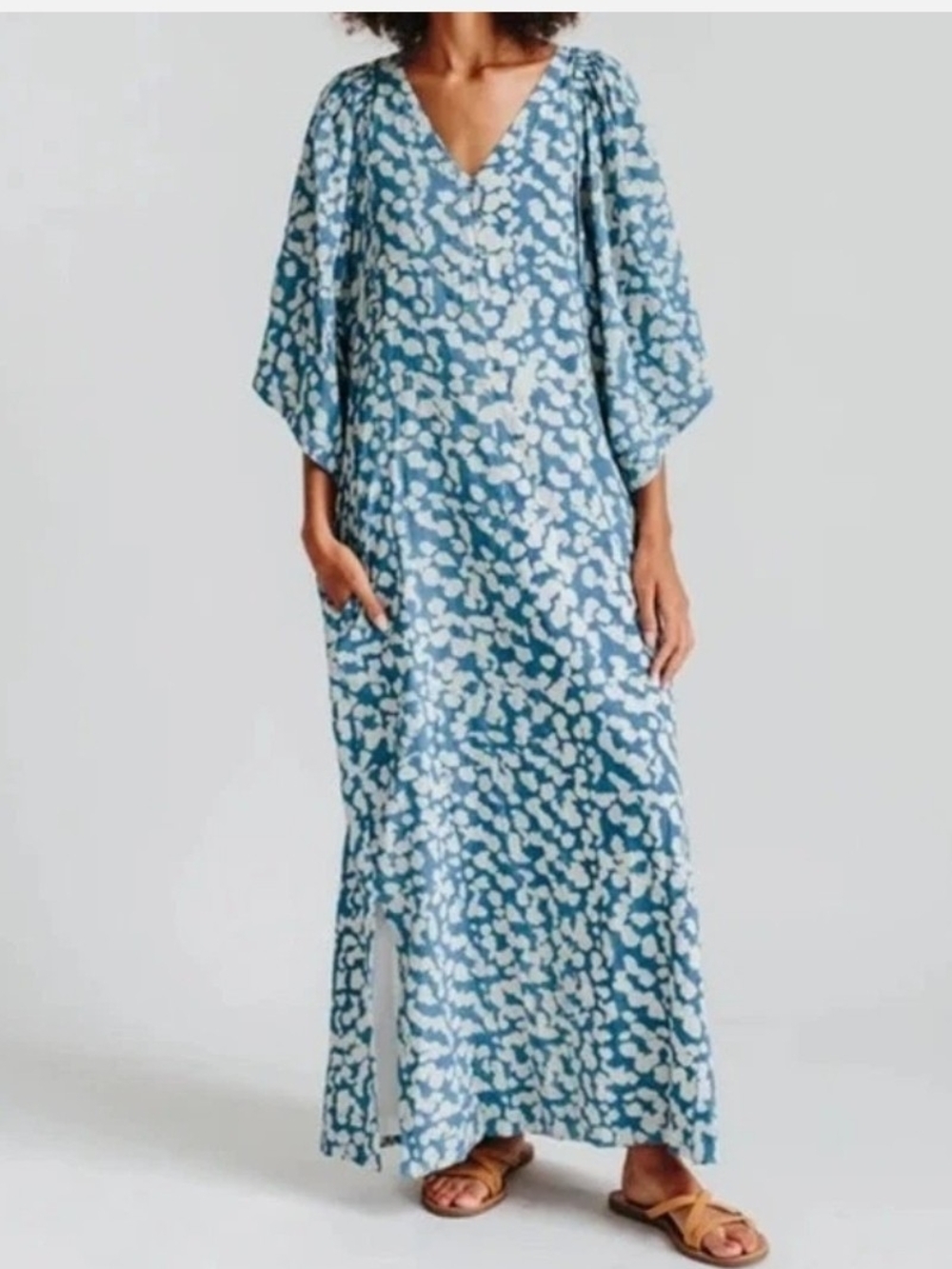 Mirth Coba Blue Mosaic Print V-Neck Kaftan Boho Coastal Beach Maxi Dress Size S